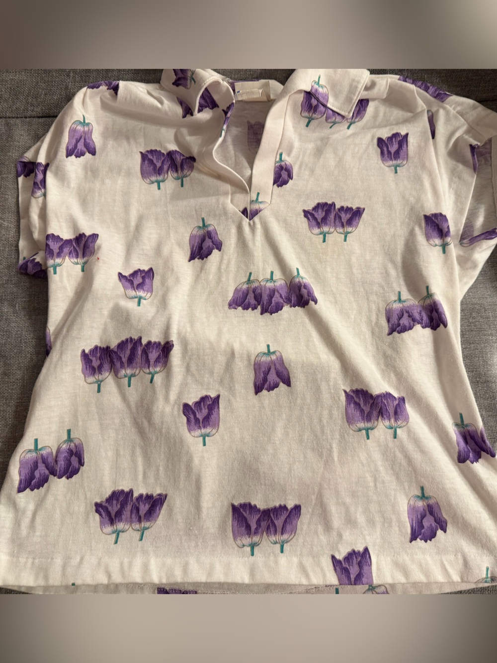 Koret White Polo Tee with Purple Tulip Print